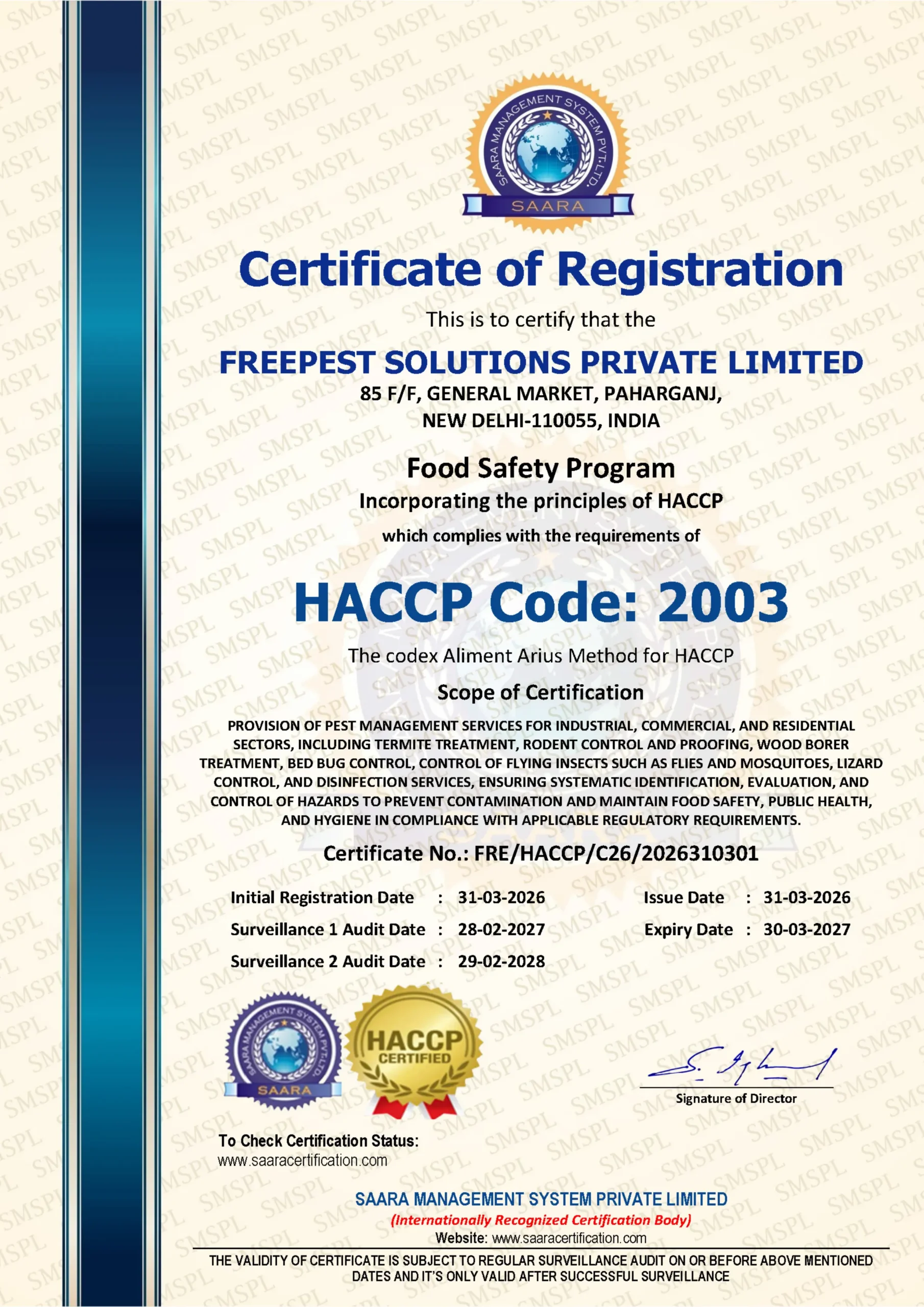 FREEPEST SOLUTIONS PRIVATE LIMITED-HACCP